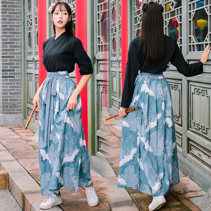 Японский стиль женские юбки с высокой талией восточные китайские принты