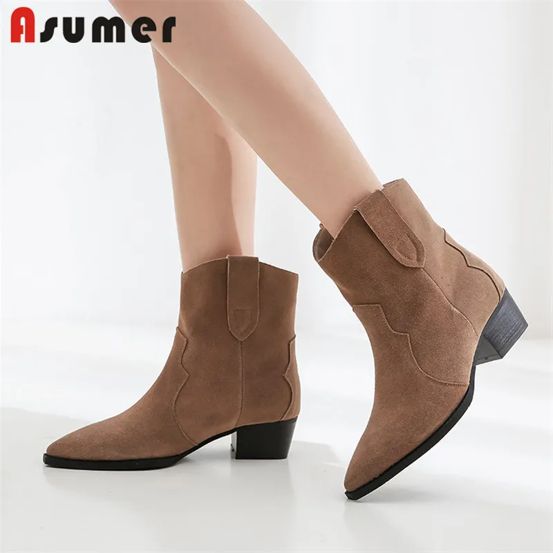 Женские замшевые ботильоны ASUMER черные повседневные с острым носком на