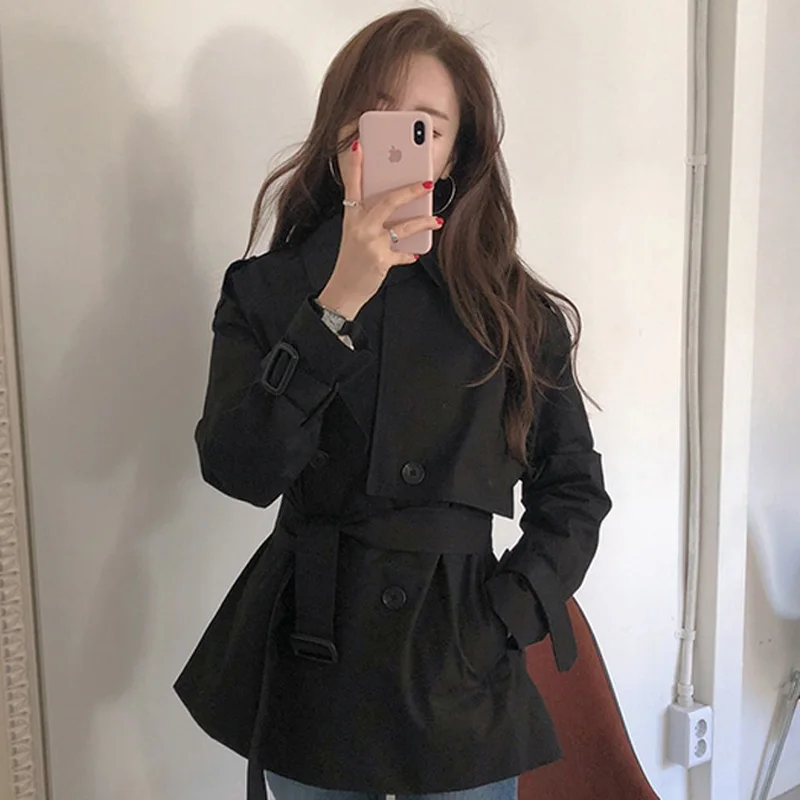 Женский двубортный Тренч Mozuleva свободная короткая верхняя одежда с поясом зимняя