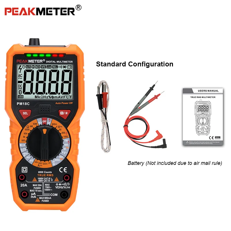 

PEAKMETER PM18C Digital Multimeter with True RMS AC/DC Voltage Resistance Capacitance Frequency Temperature NCV Tester