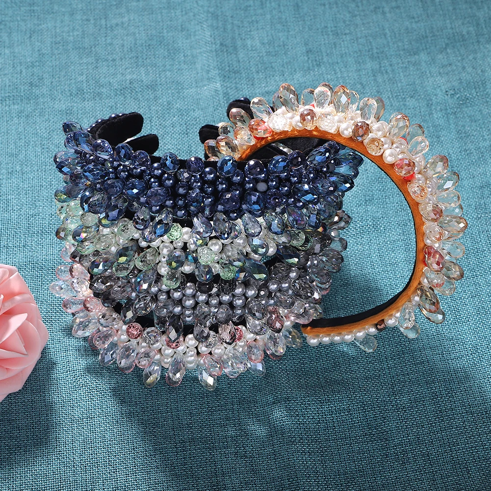 Vedawas Multi-Color Gem Baroque Headbands Women Diamond Hair Accessories Pearl Headband Girls Crown Flower Hairbands Head Wrap