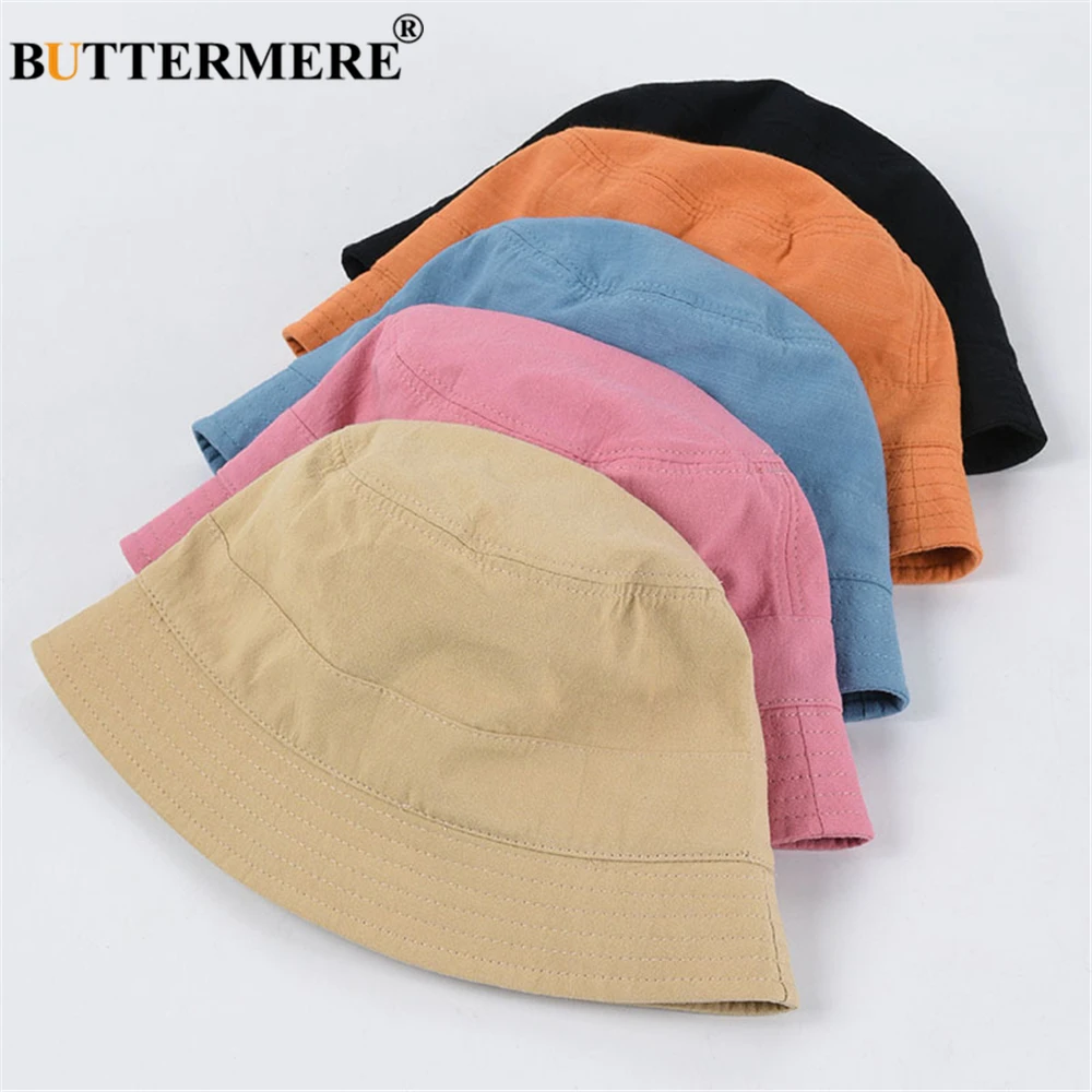 BUTTERMERE Summer Bucket Hat Womens Solid Orange Fishing Hat Japanese Harajuku Cotton High Quality Sun Protector Hat