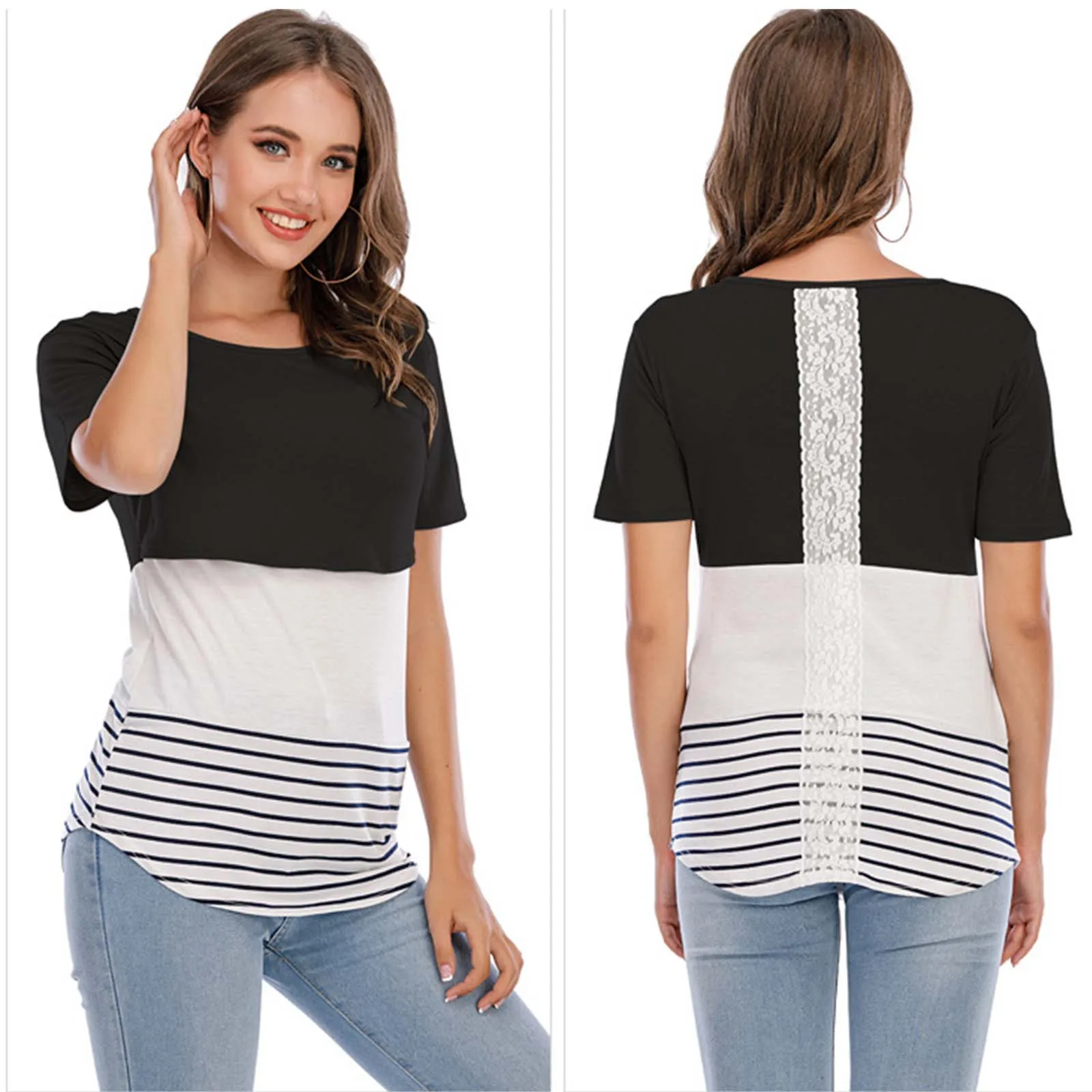 

Plus Size Maternity T-shirt Short-sleeved Color-blocking Lace Nursing Clothes Maternity Clothes Одежда Для Кормящих Мам 2021