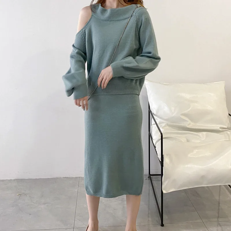 

Женский комплект из 2 предметов, свободный свитер с круглым вырезом и юбка с высокой талией, вязаный пуловер, элегантный корейский трикотажн...