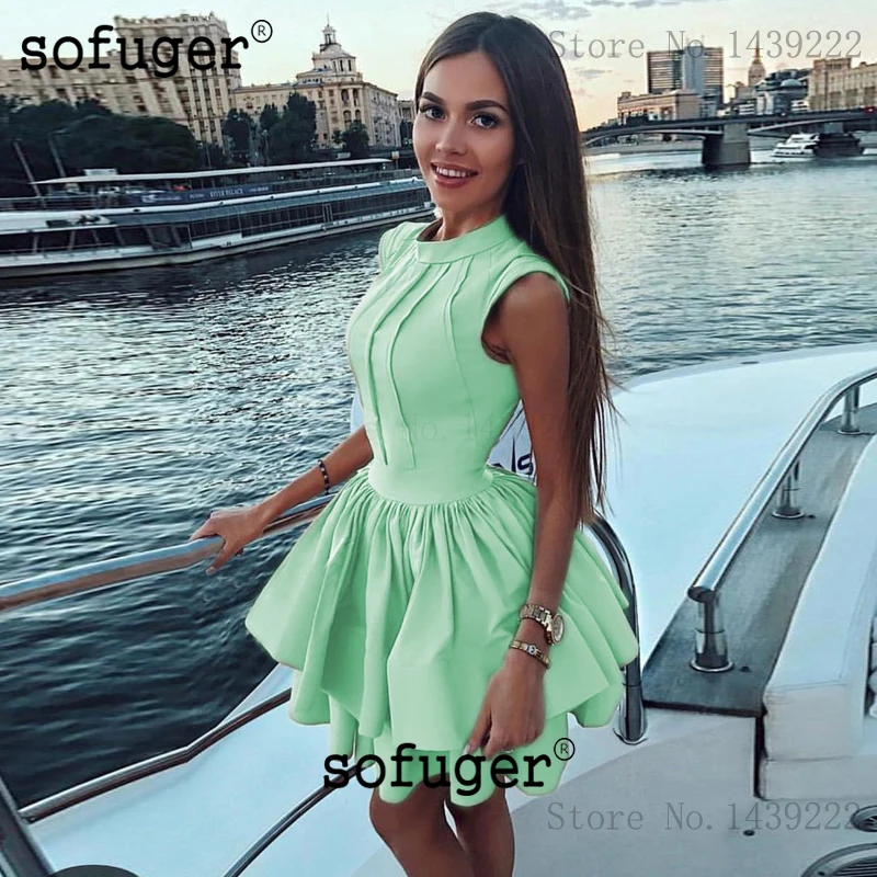 Mint Green Элегантные коктейльные платья трапециевидной формы с высоким воротником Короткие мини атласные вечерние размера плюс платья для выпускного вечера - Цвет: Mint Green