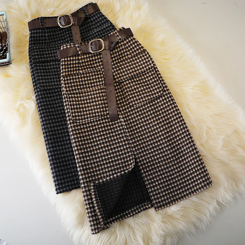 

Woolen Plaid Skirt Female Autumn And Winter New Style High Waist Pocket Split Mid-length Skirt One-step Skirt Plus Size Skirt
