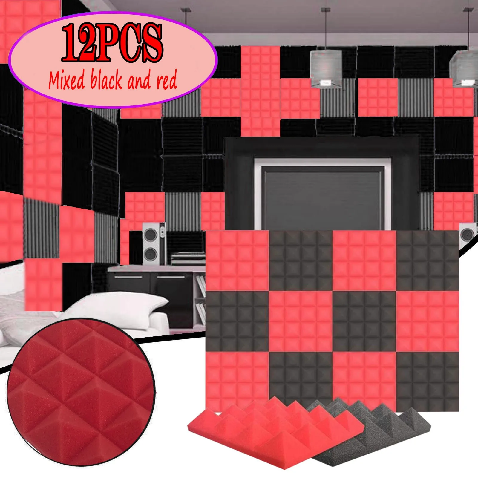 

12pcs 25x25x5cm Black And Red Mixed Color Indoor Toy Play Room Practical Soundproof Sponge Music Soundproof Sponge 2021#fs