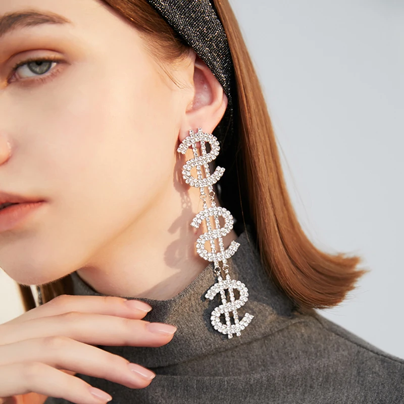 Женские серьги с подвесками золотистые серебристые долларовые черные пятничные