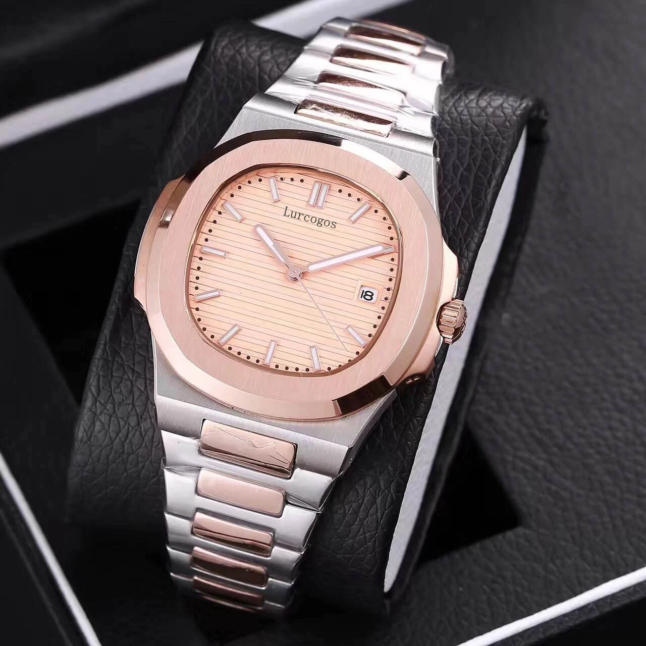 Автоматические Мужские часы из розового золота и серебра браслет нержавеющей