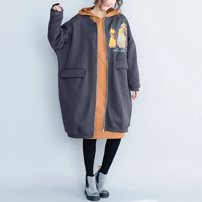 Johnature Korean Fashion Women Long Print Coat Autumn Winter New Casual Loose O-neck Zipper Wide-waisted Cartoon Outerwear