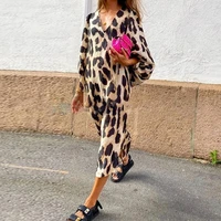 2021 spring and autumn new fashion leopard print dress v neck fashion leopard print lantern sleeve office ladies casual dress