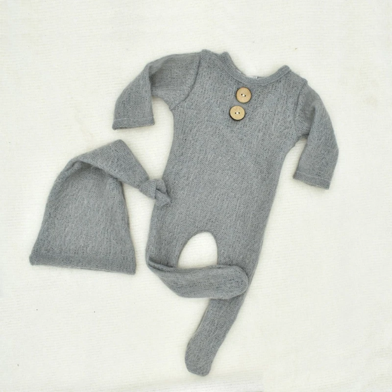 

2 Pcs Mohair Baby Romper Hat Set Newborn Photography Props Knitted Wool Bodysuit F3ME