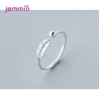 original 925 sterling silver ring resizable opening band finger decoration leaf feather jewelry for women girl finger ornaments