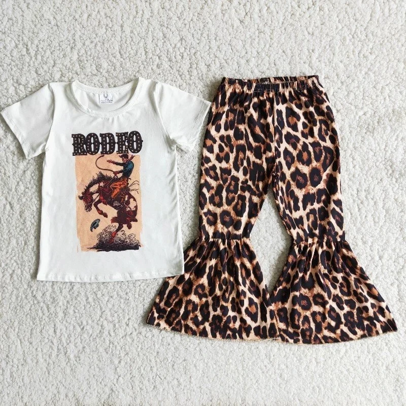 

Оптовая продажа, детский бутиковый комплект одежды для маленьких девочек, белая рубашка с коротким рукавом и леопардовым принтом Родео-лош...