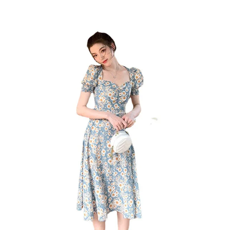 

Traf Come Out Long Temper Summer Split Thin Little Daisy Bubble Sleeve Dress Dresses Woman Top 2021 New Dresses Length Style Age