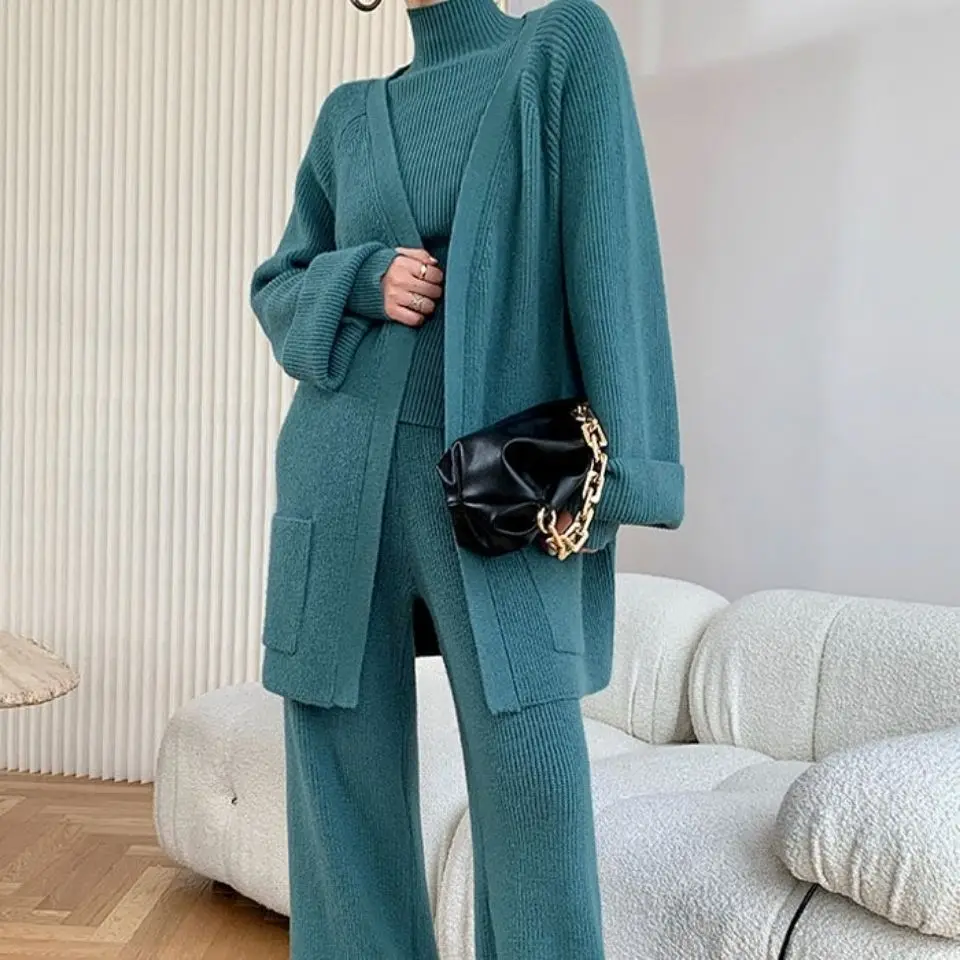 Women 2021 Autumn Winter Knitted Sets Female Solid Pullovers Long Sleeve Cardigans Elastic Waist Pants 3pcs Sets Tracksuits I71