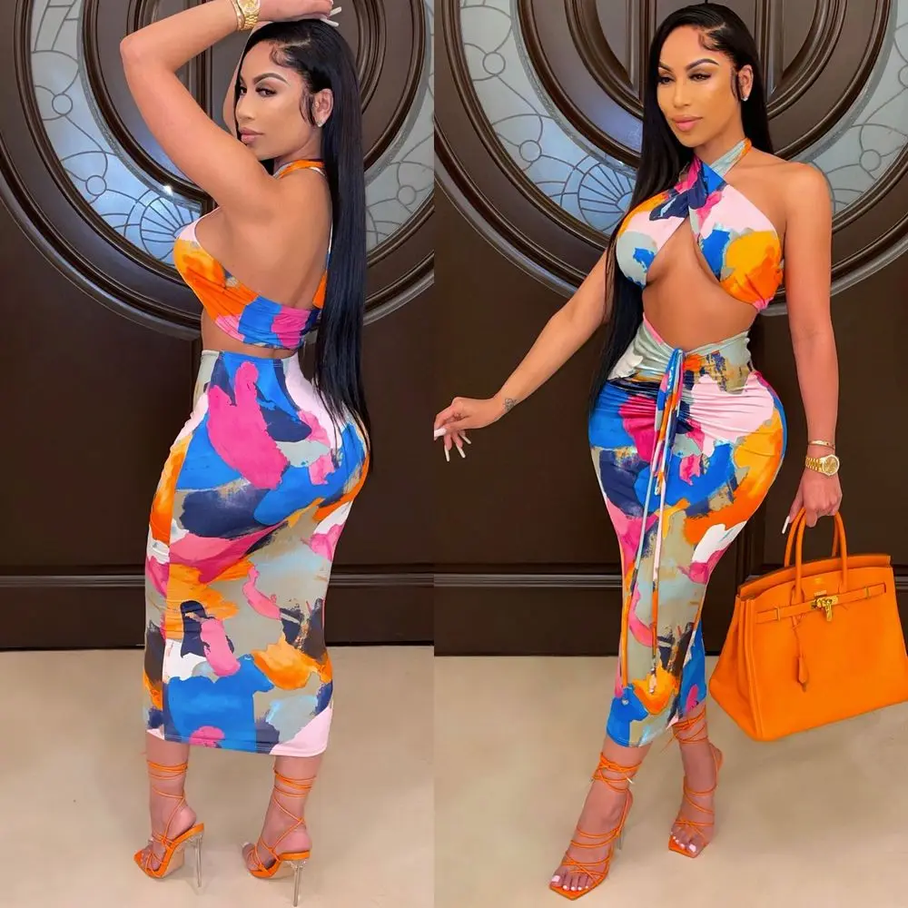 

Женский комплект из 2 предметов с принтом радуги, летний комплект из кроп-топа с лямкой на шее и открытой спиной, облегающая юбка с рюшами, пл...