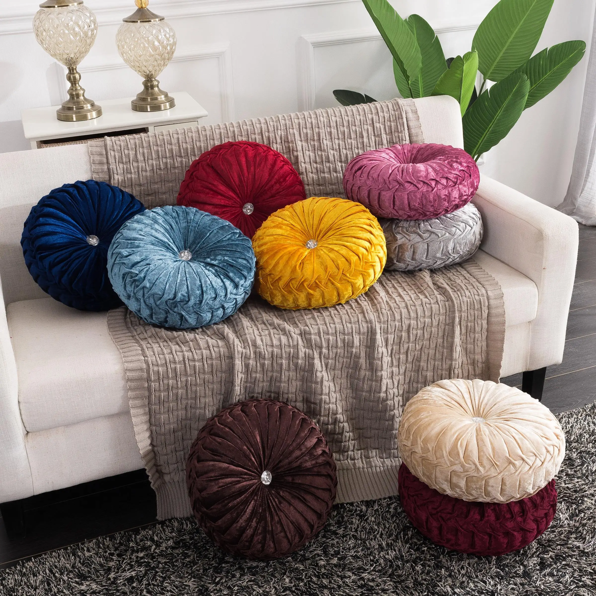 

5 European Pastoral Style Pumpkin Round Seat Cushion/Back Cushion or as Sofa pillow Velvet Fabric 35x35cm 9 Colors