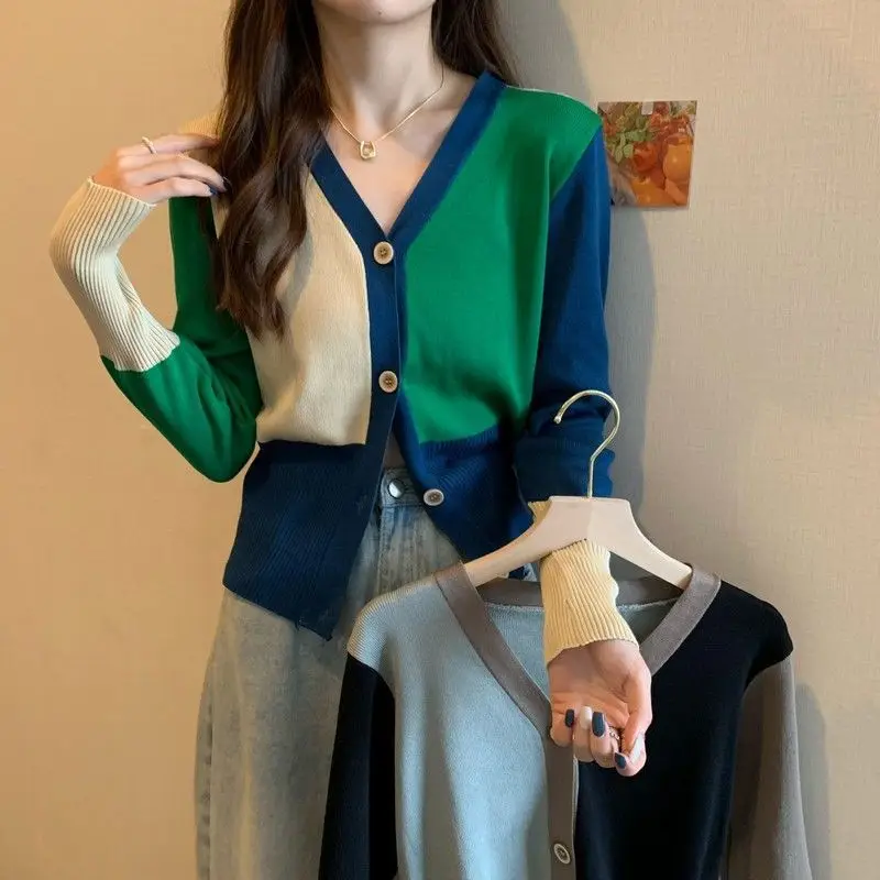 

Women Knitting Cardigan Lady Sweater Color Stitching Fashion Slim Fit V Neck Sweater Coat Autumn Winter Tops Lady Clothing 2022