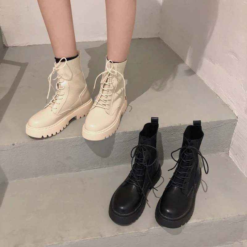 Женские ботинки сезон осень Новинка обувь на толстой подошве с круглым носком