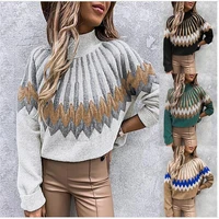 autumn 2021 fashion korean version elegant temperament pullovers women high collar print long sleeve casual loose knit sweater