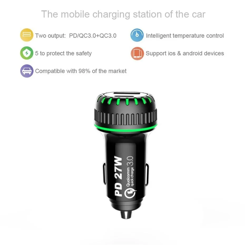 USB Автомобильное зарядное устройство QC3.0 быстрое зарядное устройство PD 27 Вт Тип c Быстрая зарядка с светодиодный круг света для samsung S9 Iphone huawei P30 Xiaomi