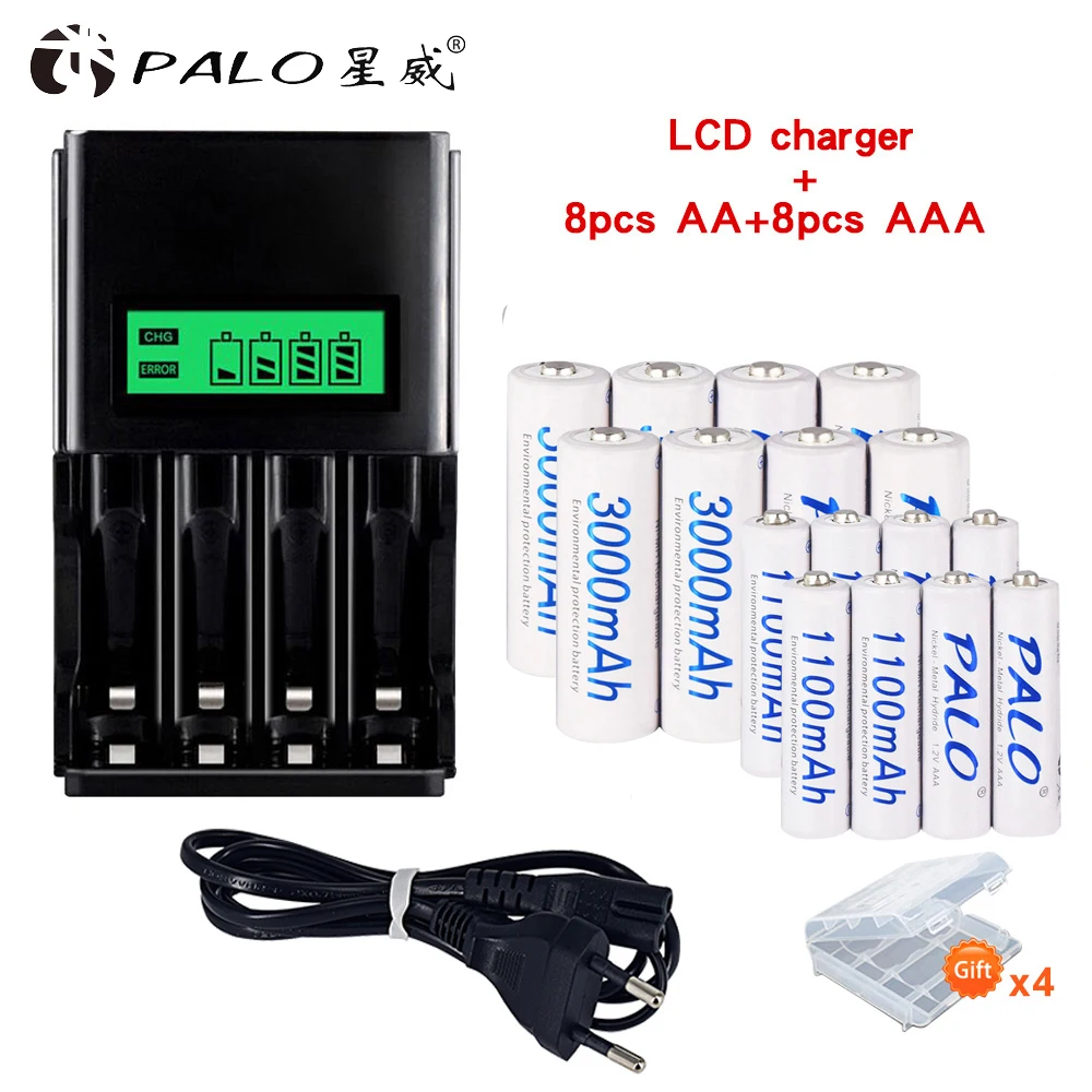 

PALO 1.2V Nimh Rechargeable AAA Batteries AAA+AA Rechargeable Battery AA Batteria 3000mah+1.2V AA AAA Battery Smart Charger LCD