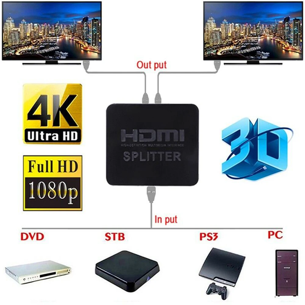 HDMI 1 в 2 Out 1080p 4K 1x2 HDCP 3D сплиттер усилитель сигнала питания аудио видео дистрибьютор