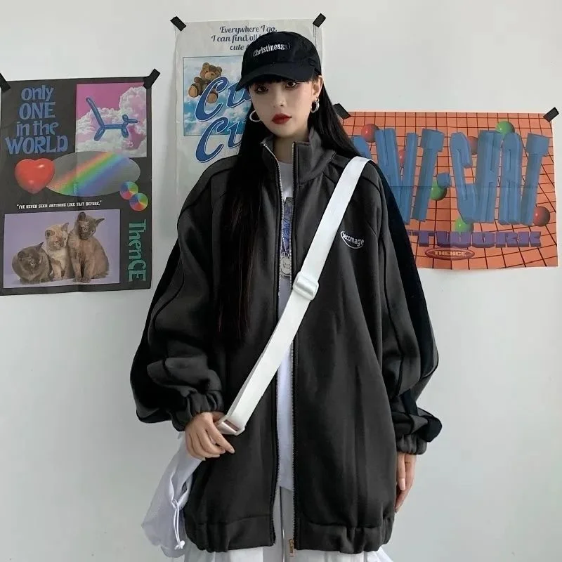 

Women Sweatshirts Zip-up Zipper Turn Down Collar Letter Striped Casual Loose Korean Fashion Student Harajuku Oversize Outerwear