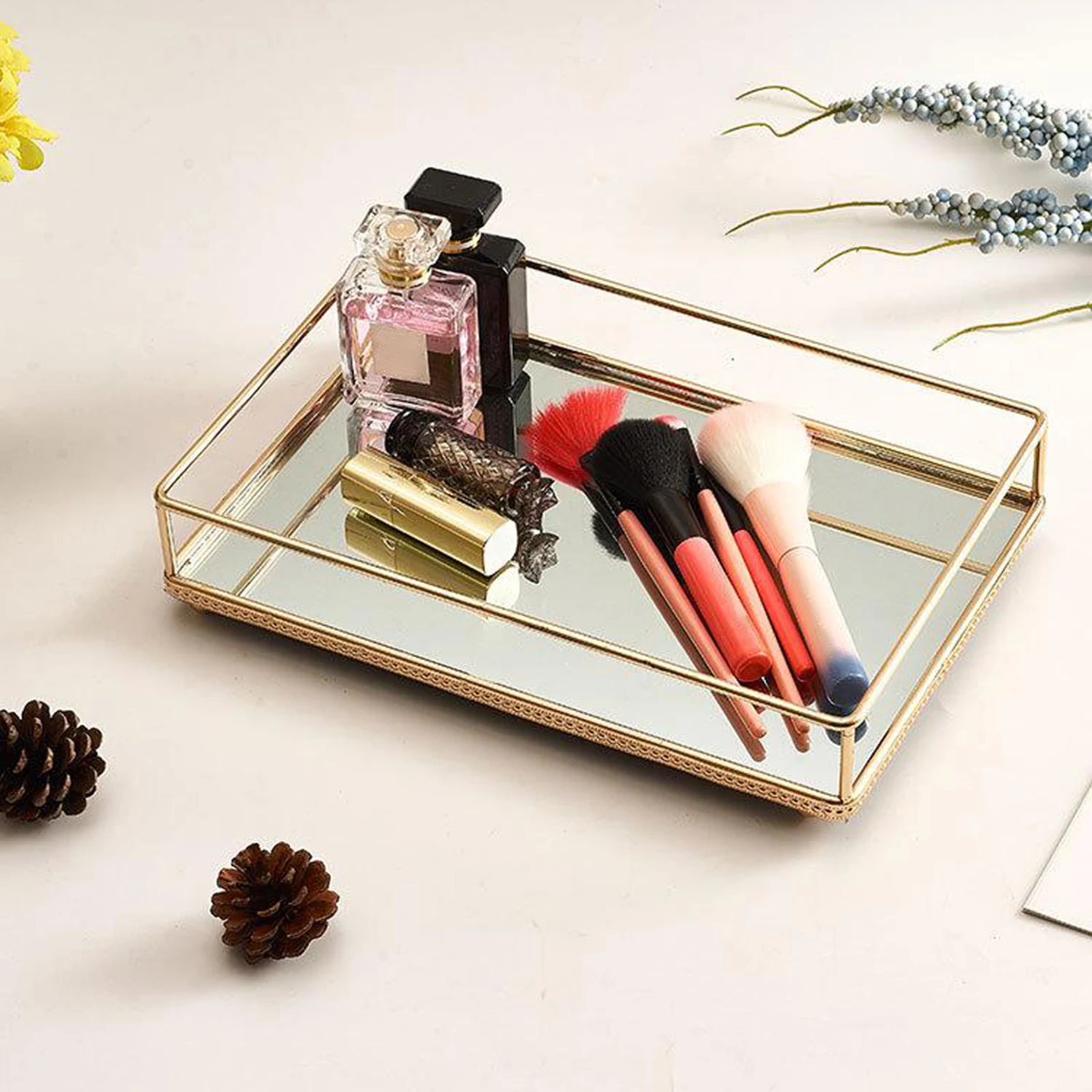 

Clear Glass Mirrored Storage Makeup Tray Candle Plate Home Organizer Golden