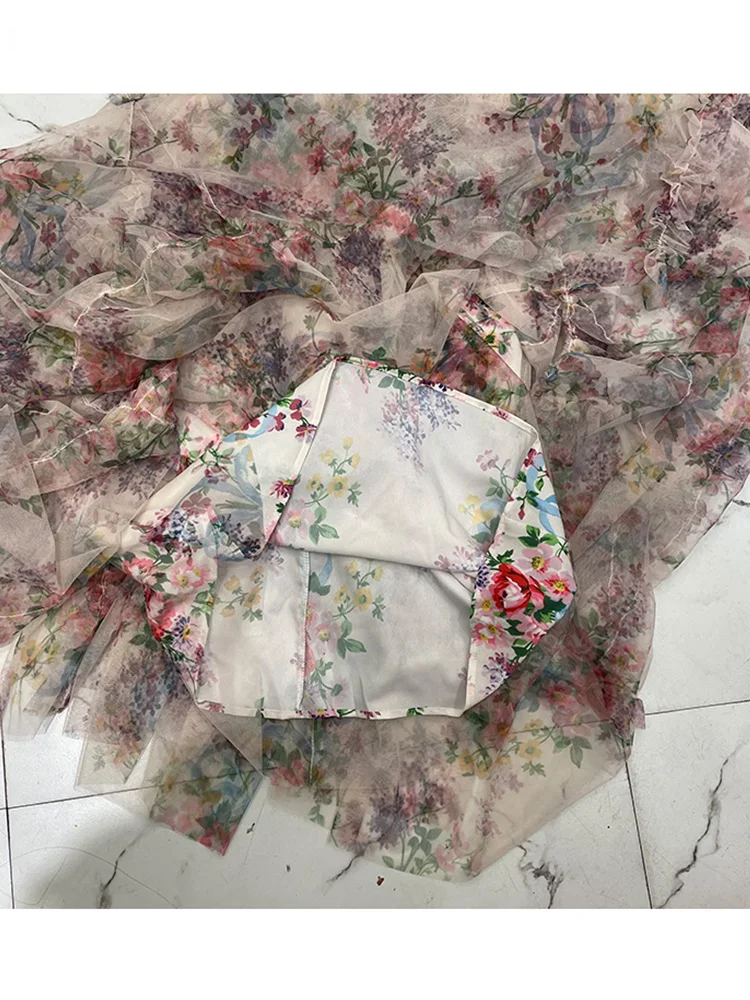 

Heavy craftsmanship, multi-level frills, hedging, retro, printing, loose and large, mesh dress, ladies' autumn new styles