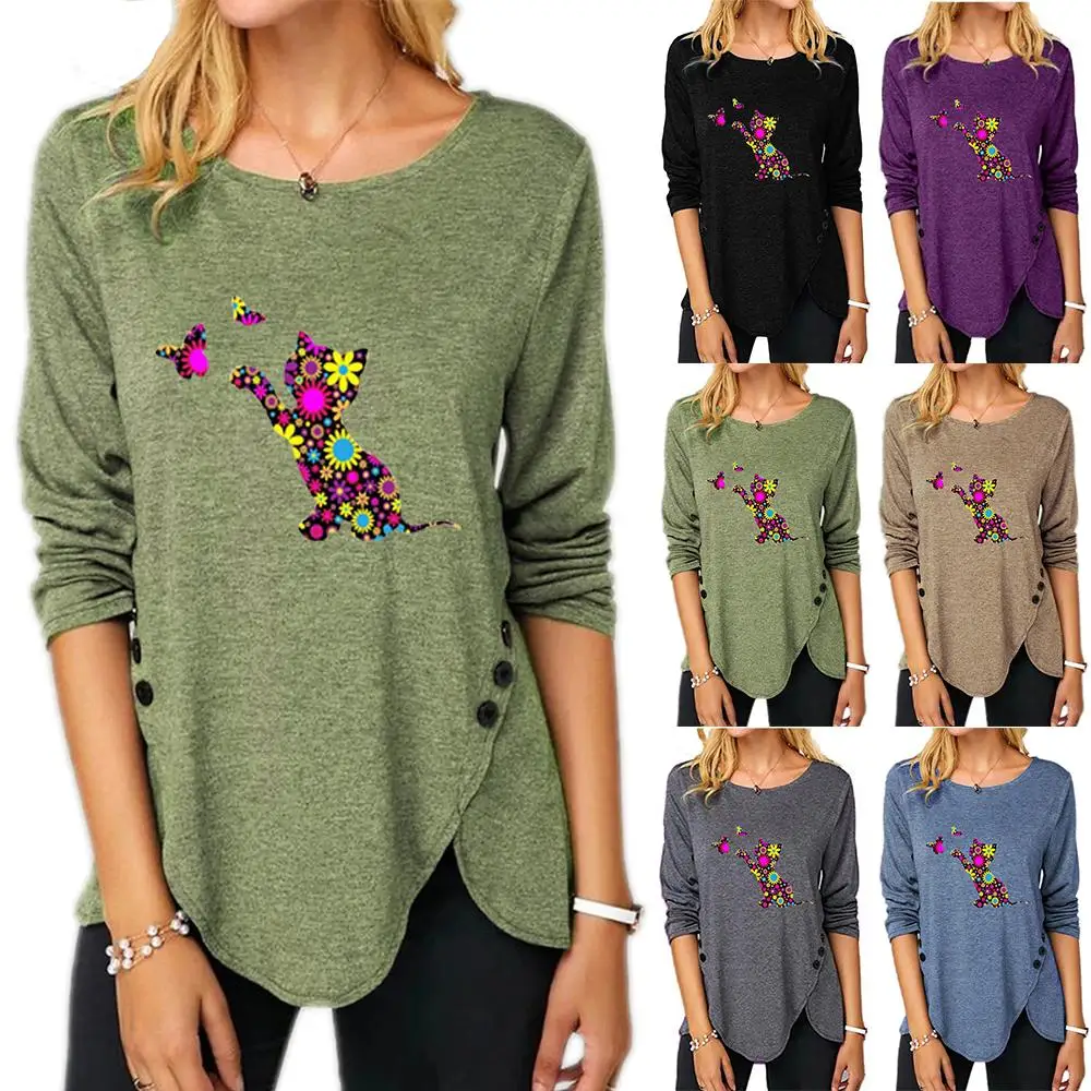 

Wome Cat Catching Butterfly Pattern Crew Neck Blouse Casual Loose Button Long Sleeve Basic Top Plus Size