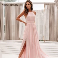 hot sale pink chiffon prom dress halter backless sexy high side slit long elegant evening party gown pageant custom made