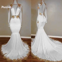 charming african white mermaid prom dresses with gold appliques deep v neck open back long sleeve evening night party dress 2022
