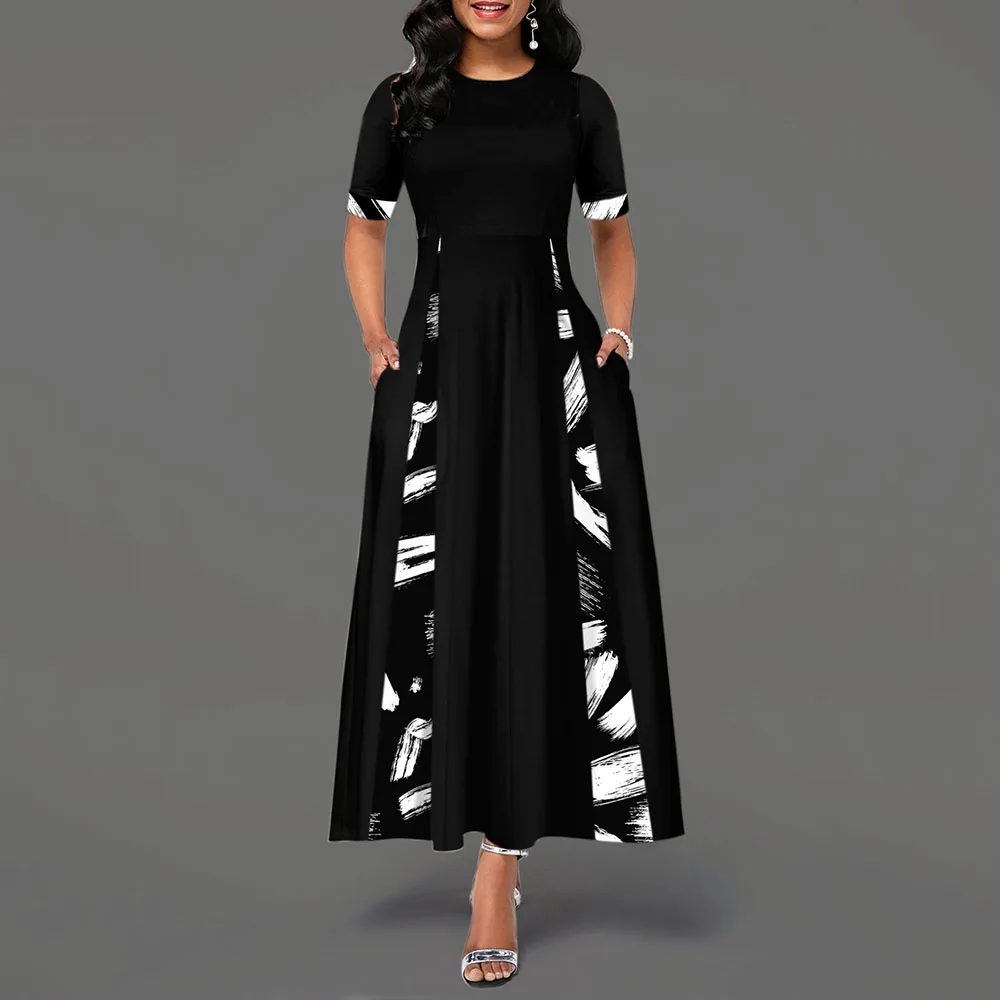 

2021 Summer Plus Size African Stitching Round Neck Commuter Women's Dress Fashion Temperament High Waist Summer
