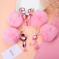 animal pink panther plush pompon keychain tie take hat magic metal keyring cute car children gift bag charm key pendant hot