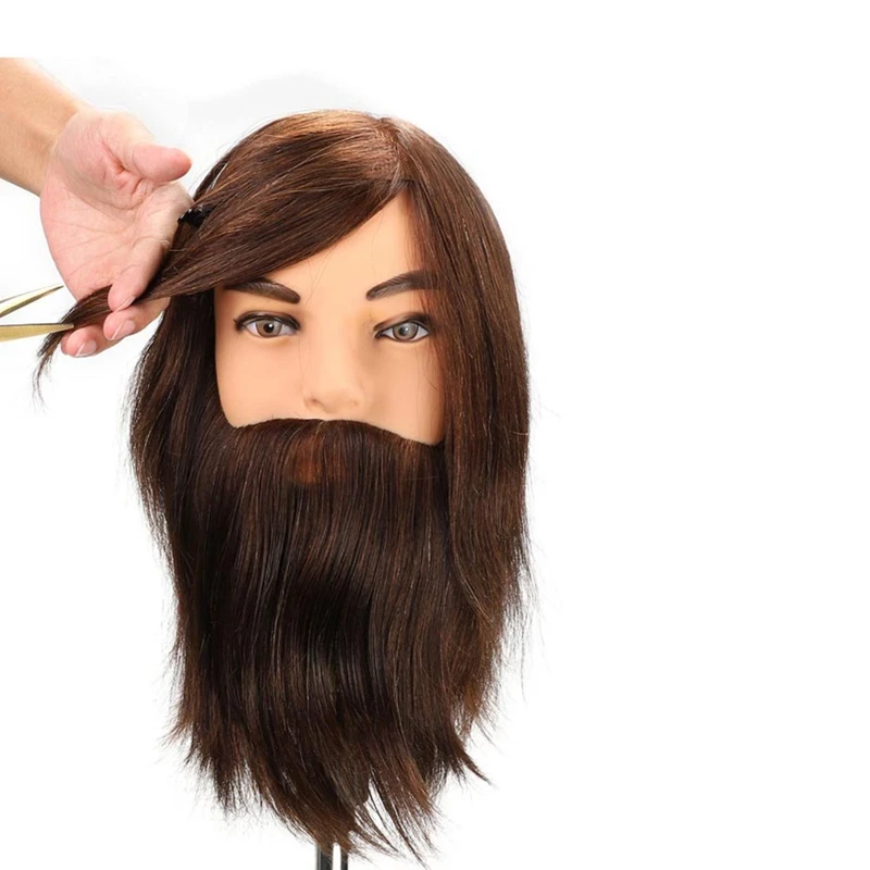 Мужская Тренировочная голова-манекен из темно-коричневых волос с бородой