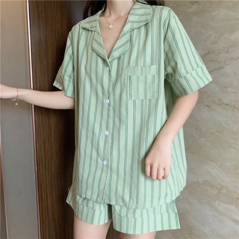 

Summer cotton pijamas women fresh striped short-sleeved shorts pajamas suit girl's home wear Korean casual female pyjamas set