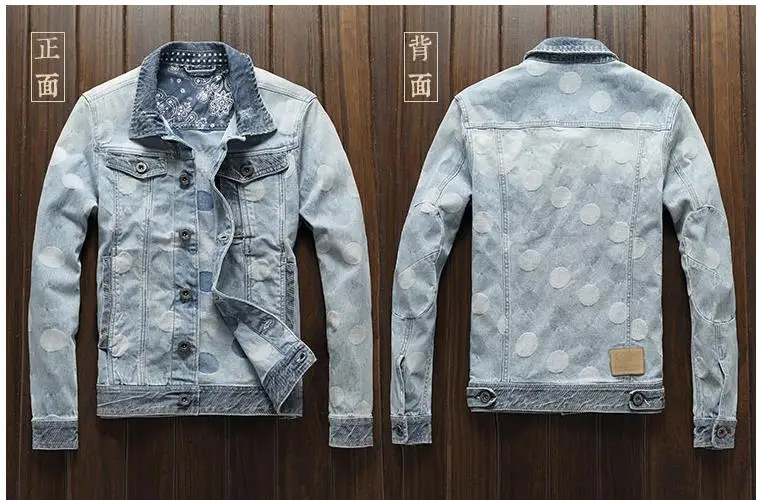 BONJEAN Mens Polka Dot Denim Jacket Mal Rock Fashion Light Blue Slim Casual Biker Jackets Coat Drop Shipping