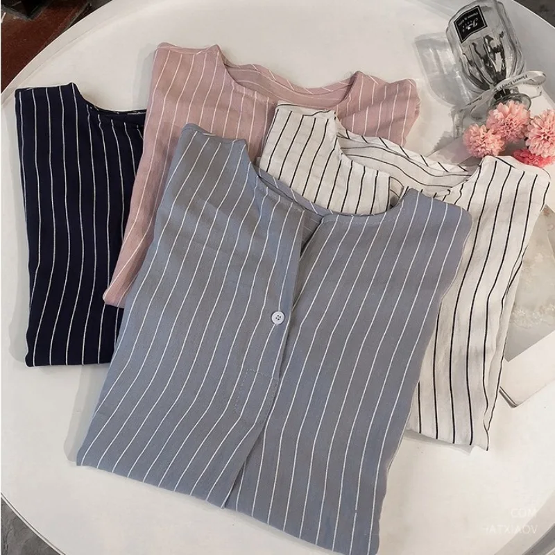 

Women Tops and Blouses Summer Female Striped Shirts O Neck Short Sleeve Button Blouses Rk #E
