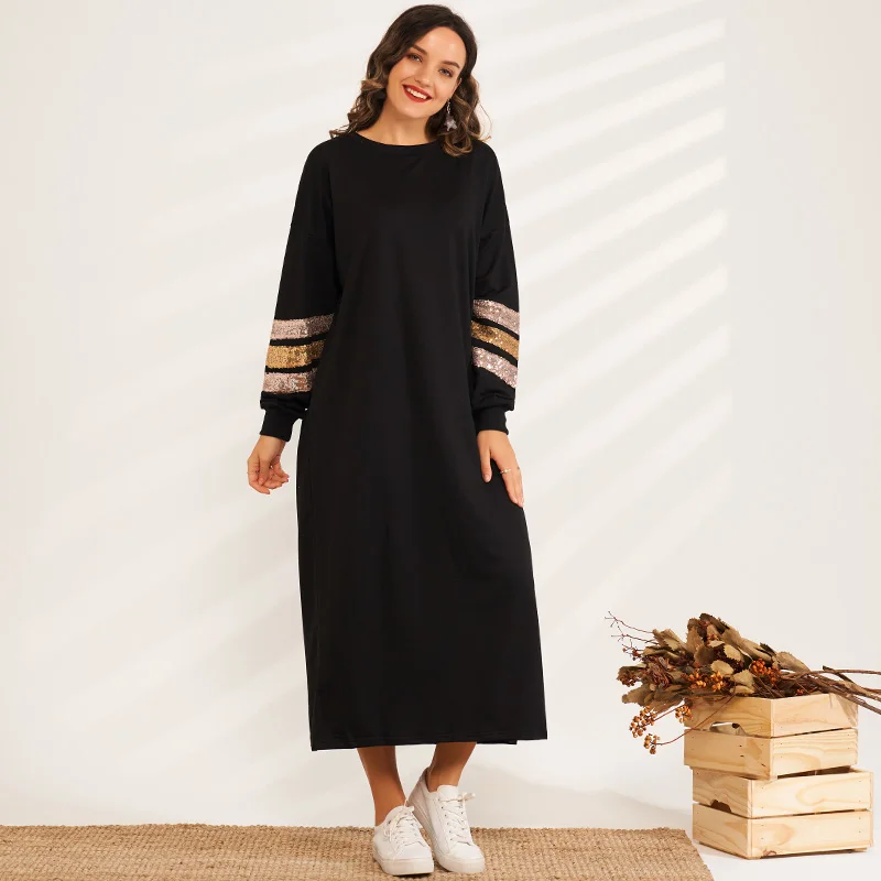 

New Product Fashion Ladies Sequin Stitching Thin Loose Loose Slim Sweater Long Casual Sports Women's Dress