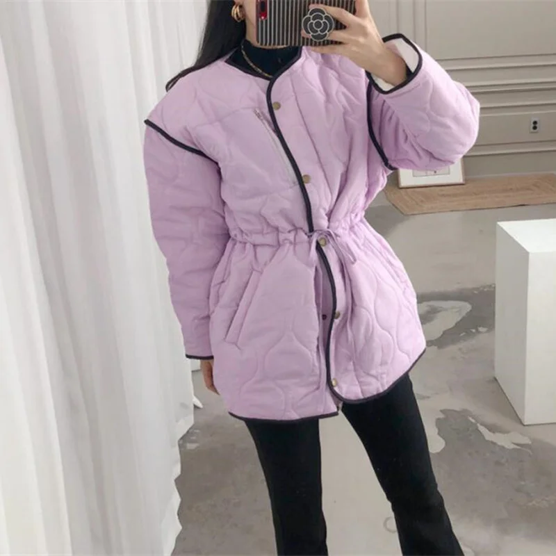 

2021 New Korean Style Winter Coat Zipper Single Breasted Lapel Cotton Padded Warm Jacket Vintage O-neck Solid Color Coat