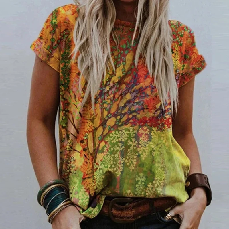 

2022 Women T-Shirts Short Sleeve Casual Tee Summer Flower Print Fashion Tops Female Loose T-Shirt O-Neck
