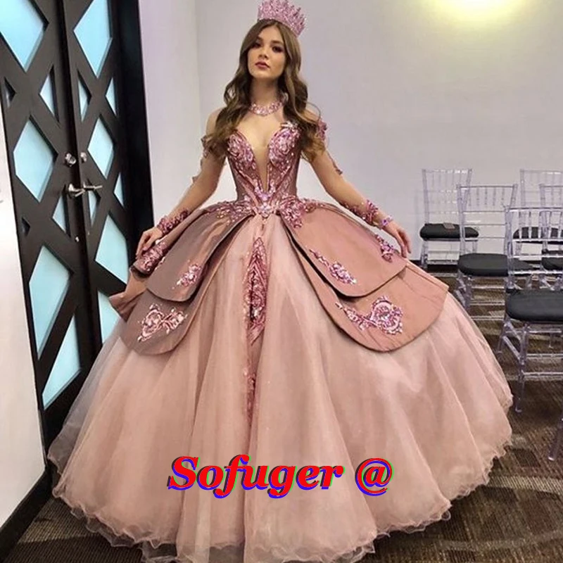 Dark Pink Sweetheart Tulle Appliques Ball Gown Puffy Pleat Quinceanera Dresses Debutante Vestido 15 Anos Festa Custom Made