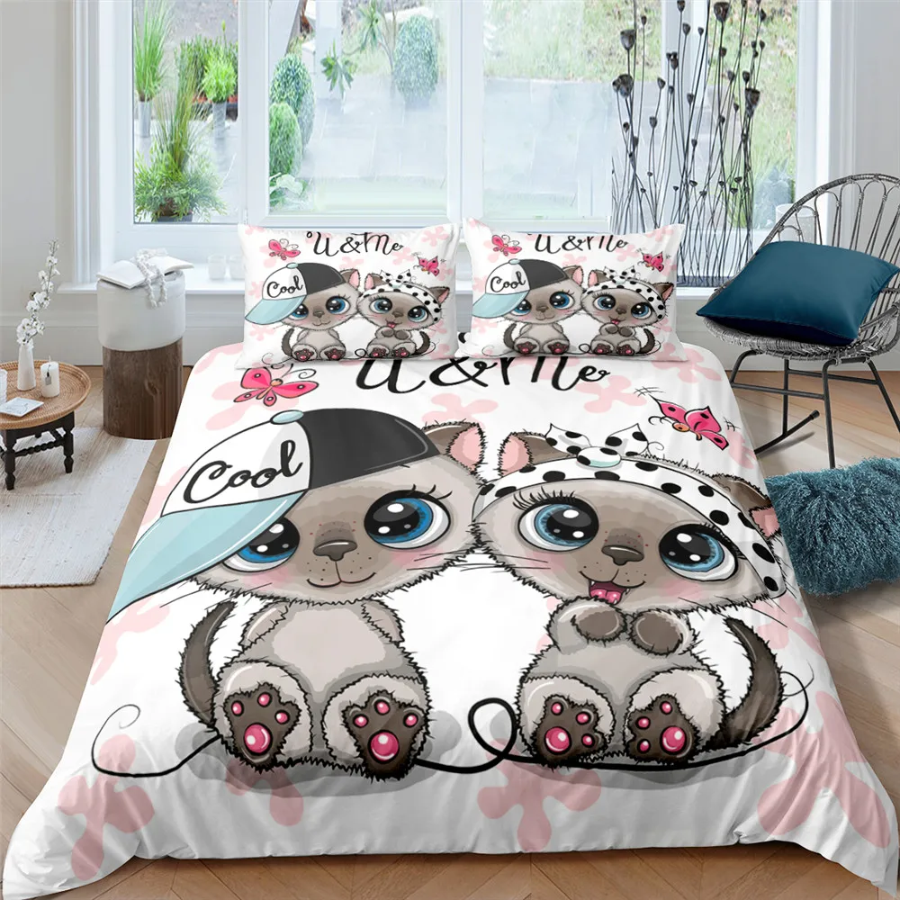 Cute Cat King Queen Bedding Set Animal Polyester Duvet Cover for Kids Adult Bedclothes and Pillowcase Quilt Comforter Covers