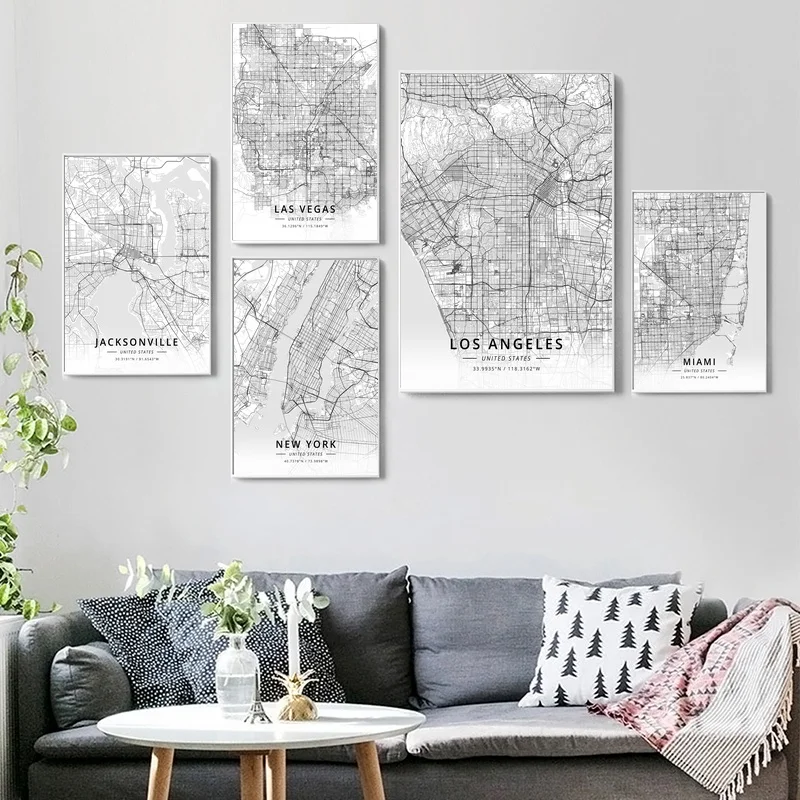 

Jacksonville,Las Vegas,Los Angeles,Miami,New York,Modern United States City Map Poster Canvas Wall Art Print Home Decor