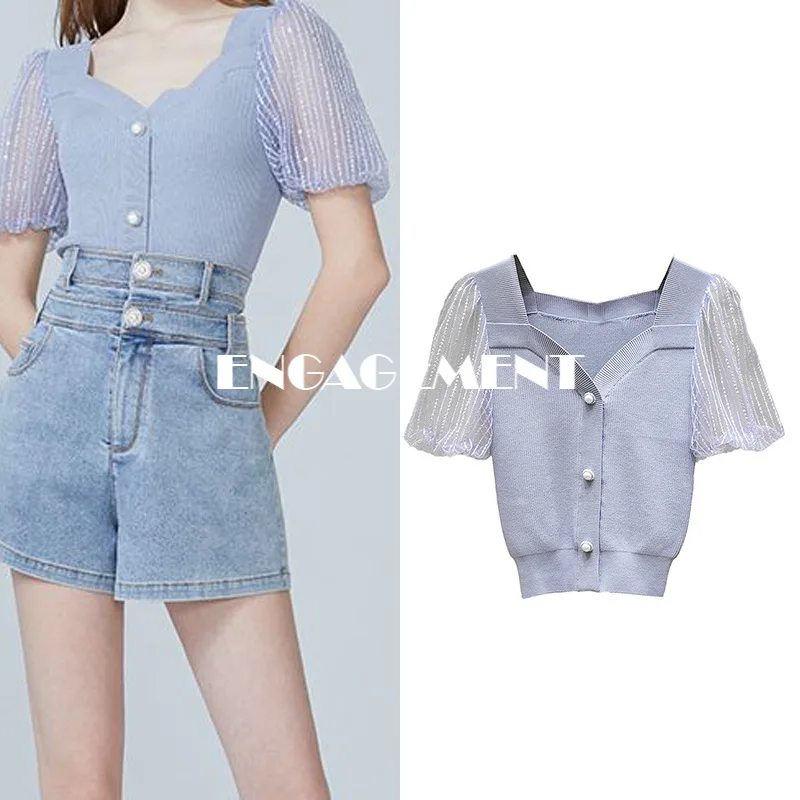 

ENGAGEMENT High-quality 2021 Summer New V-neck Mesh Bubble Sleeve Sweater Women Ice Silk Thin Little Man