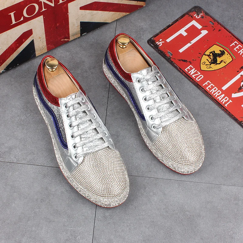 

New designer Men rhinestone gold silver Casual Shoes for men thick bottom flats shoes loafers Male skateboard sneakers