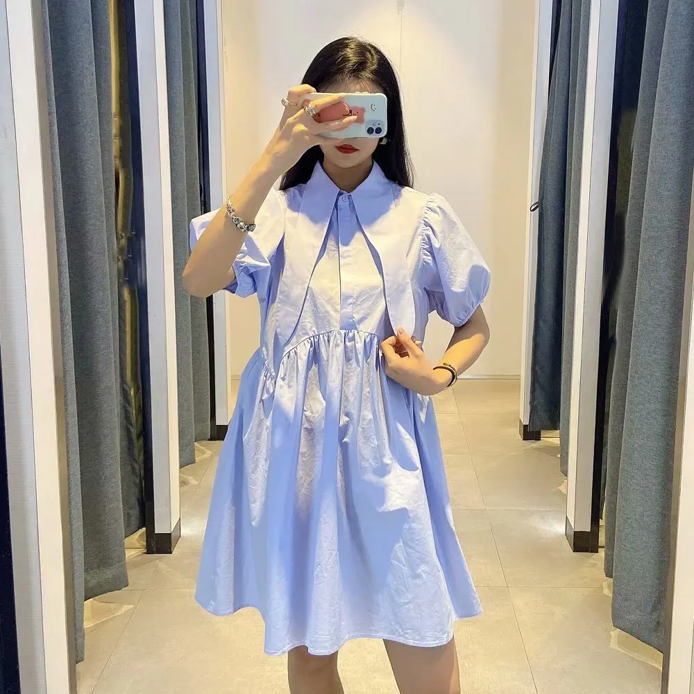 

2021 new solid color bow half sleeve bubble sleeve elastic waist shirt dress women's casual mini large size dress
