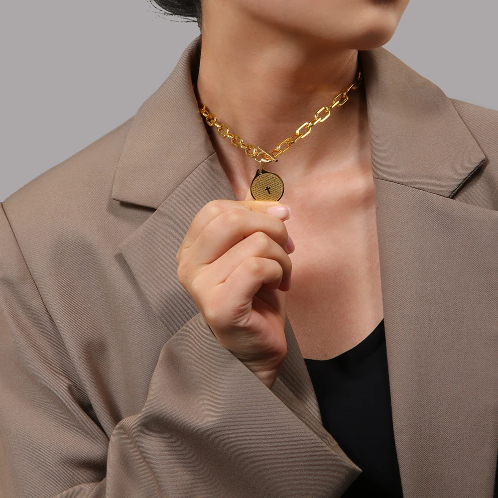 

FANSHIDI Stainless Steel Religious Cross Bible Tag Pendant Necklace Toggle Charm Choker 18K Gold Plated Jewelry